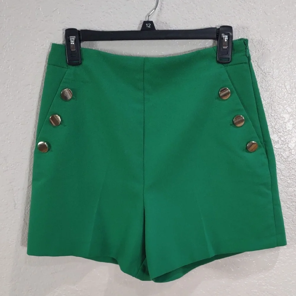 ZARA High Waisted Green Women's Shorts with Button Detail - Picture 7 of 16